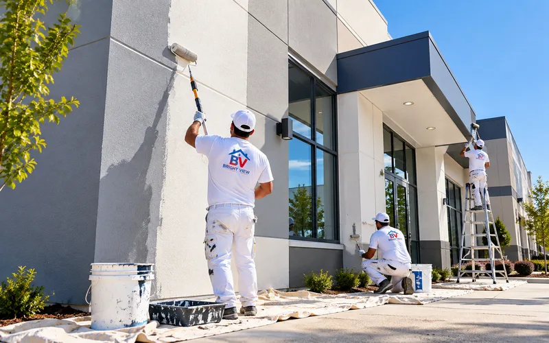 Bright View Painting crew repainting the exterior of a commercial building