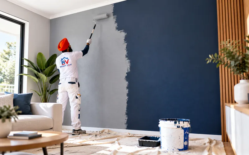 Bright View Painting technician rolling a navy blue feature wall in a living room