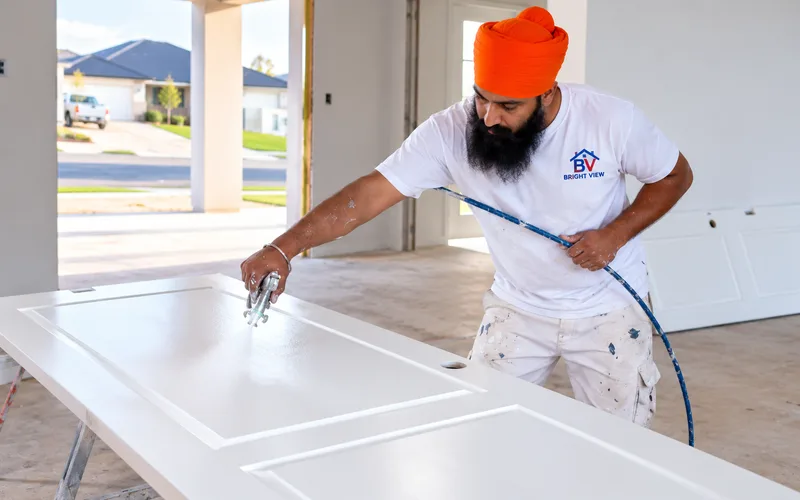 Bright View Painting technician spray finishing a door panel with a professional spray gun