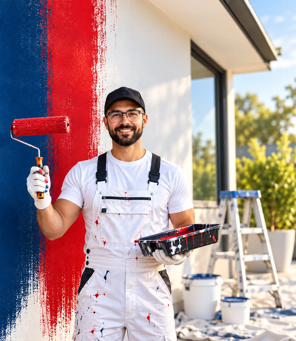 Professional house painter in white overalls applying red and navy paint with a roller, Bright View Painting
