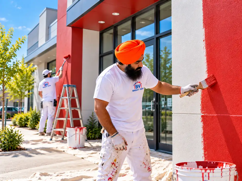 Commercial painting crew working on a business property