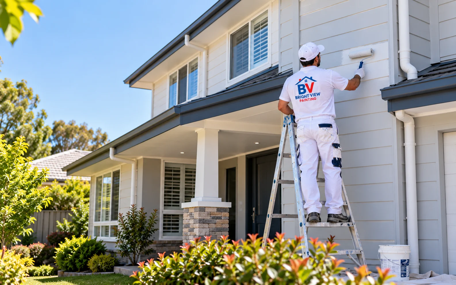 Painter applying fresh exterior paint to a weatherboard home