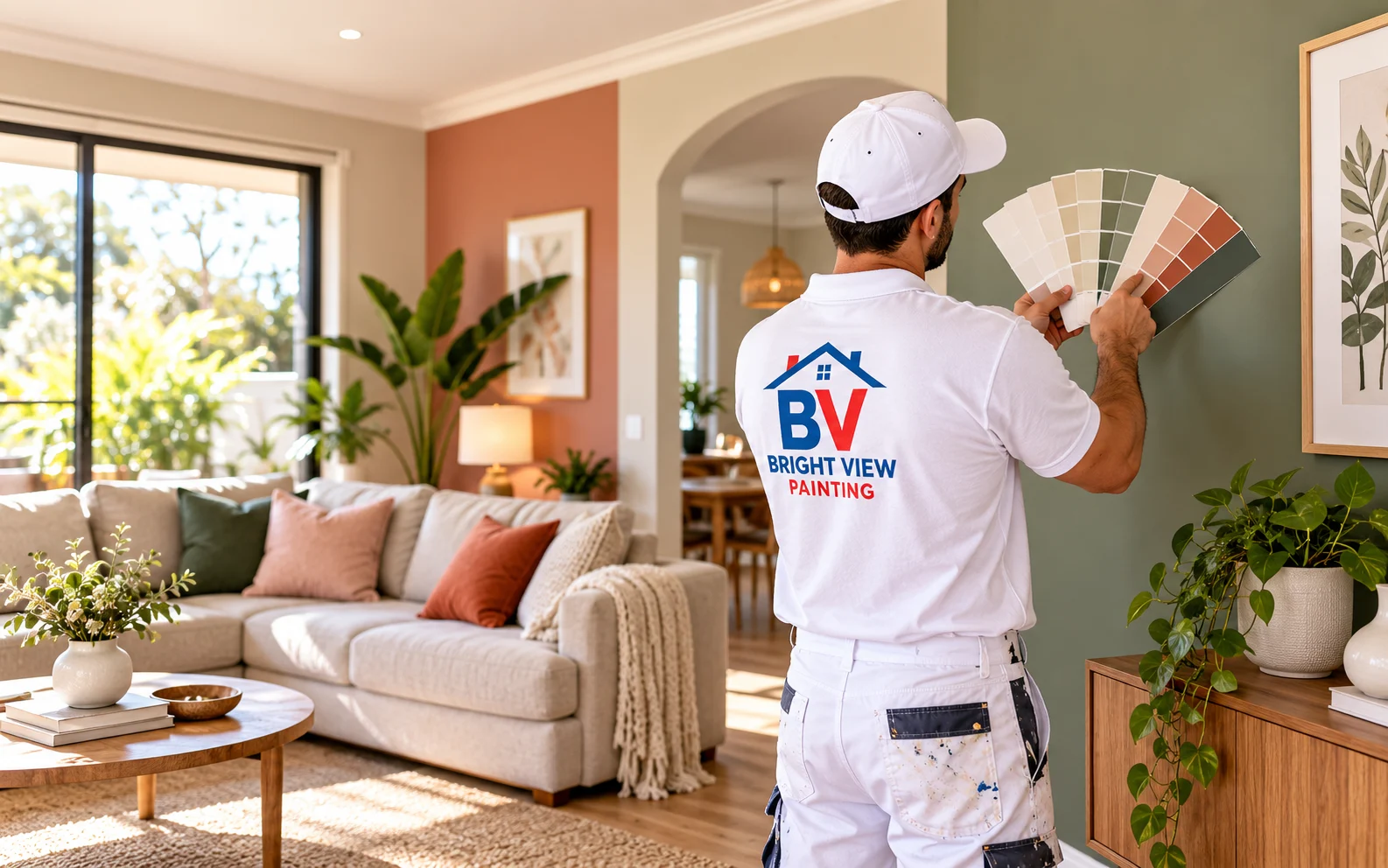 Painter helping choose interior wall colours for a living room