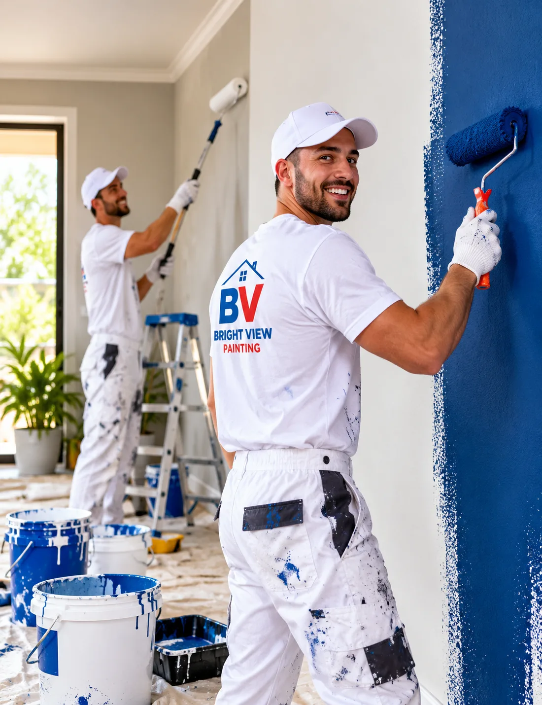 Bright View Painting team member painting an interior wall with professional equipment