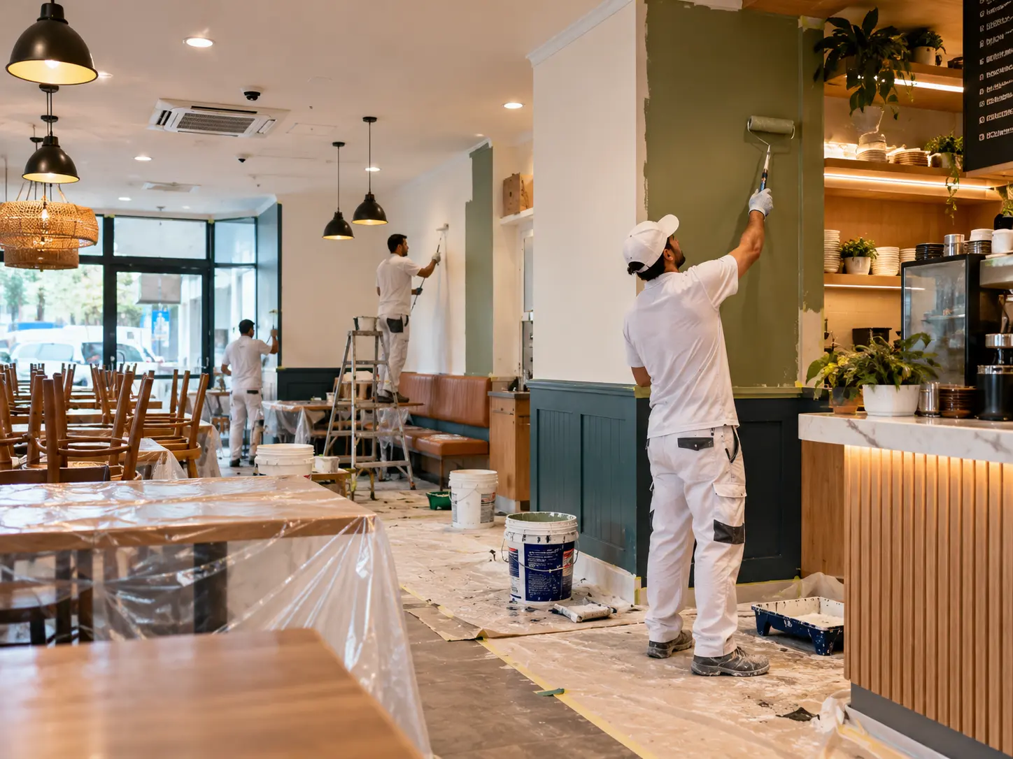 Painters repainting the interior of a café and restaurant