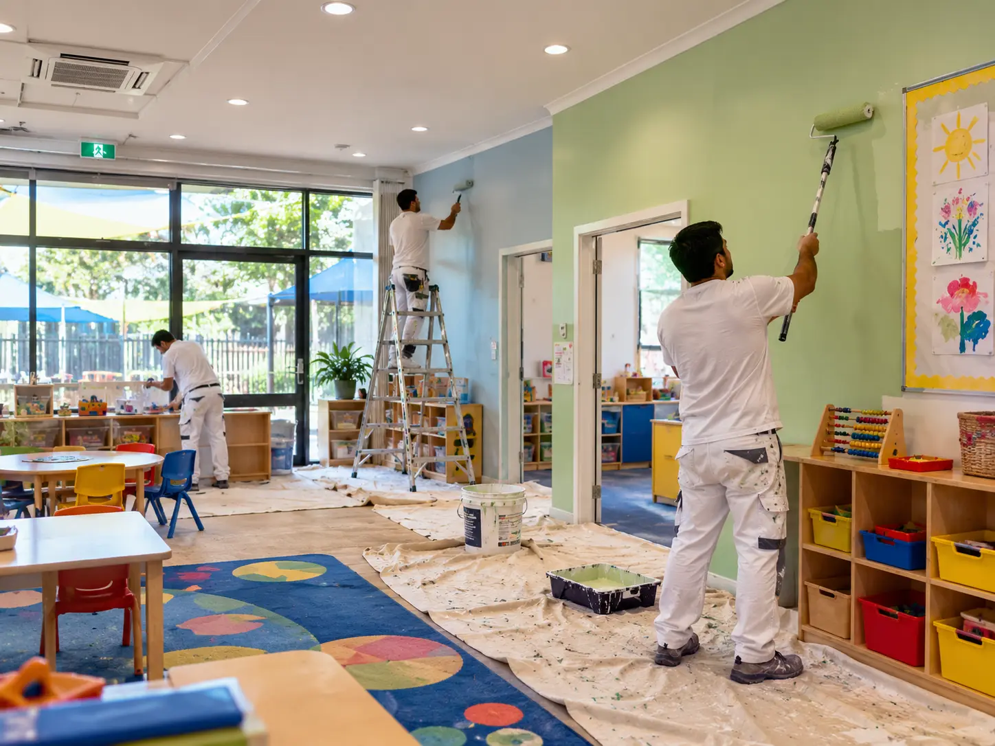 Painters repainting walls inside a childcare centre
