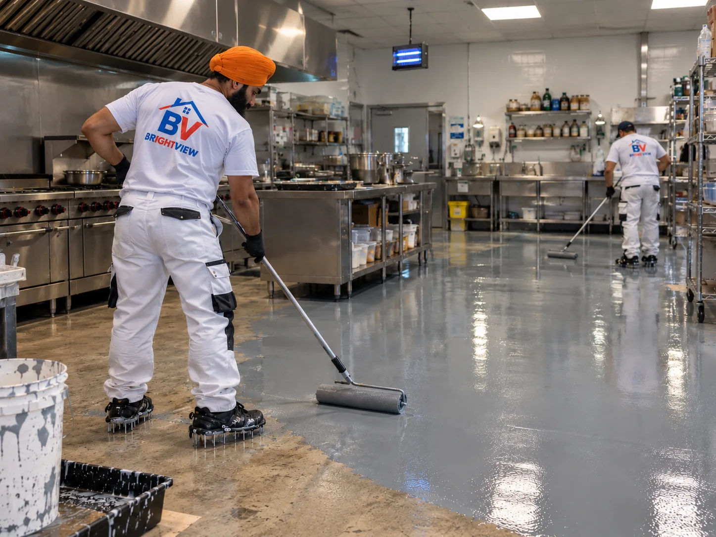 Worker applying epoxy coating to a commercial kitchen floor