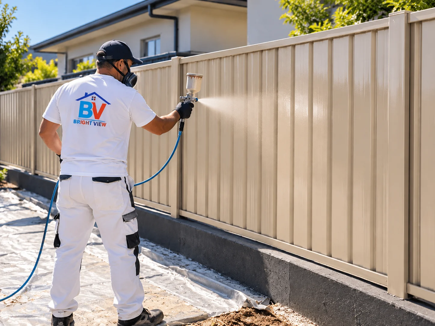 Painter spray painting an exterior fence with a smooth finish
