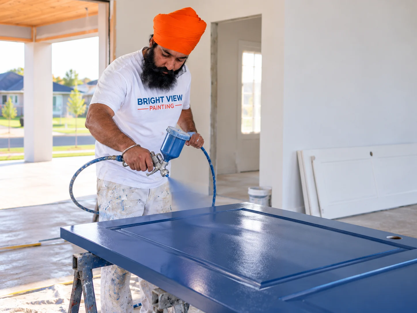 Painter spray painting a front door with an even coating
