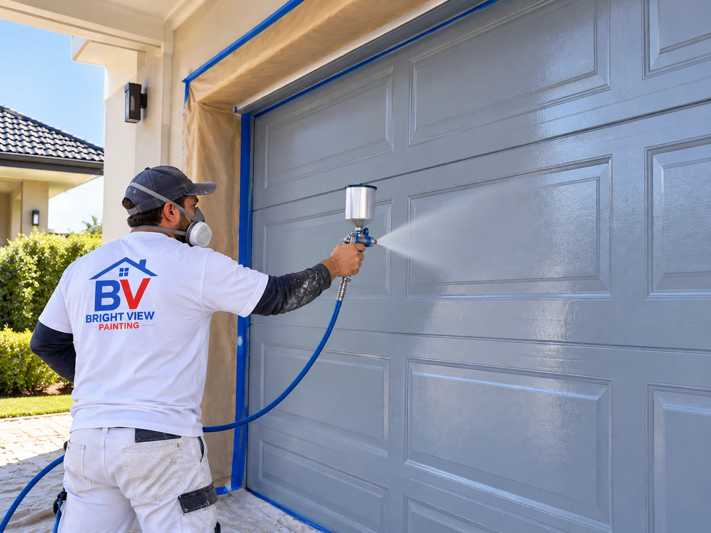 Painter spray painting a residential garage door