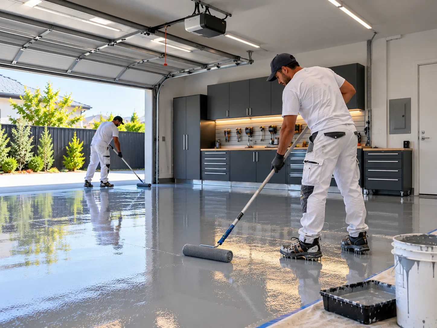 Professional applying grey epoxy coating to a garage floor