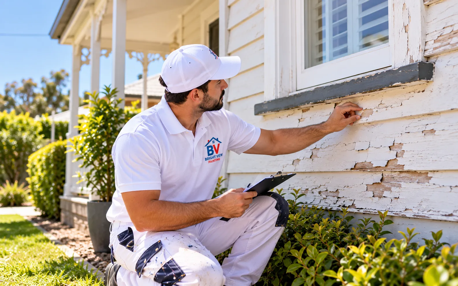 Painter inspecting peeling exterior paint on a weatherboard home