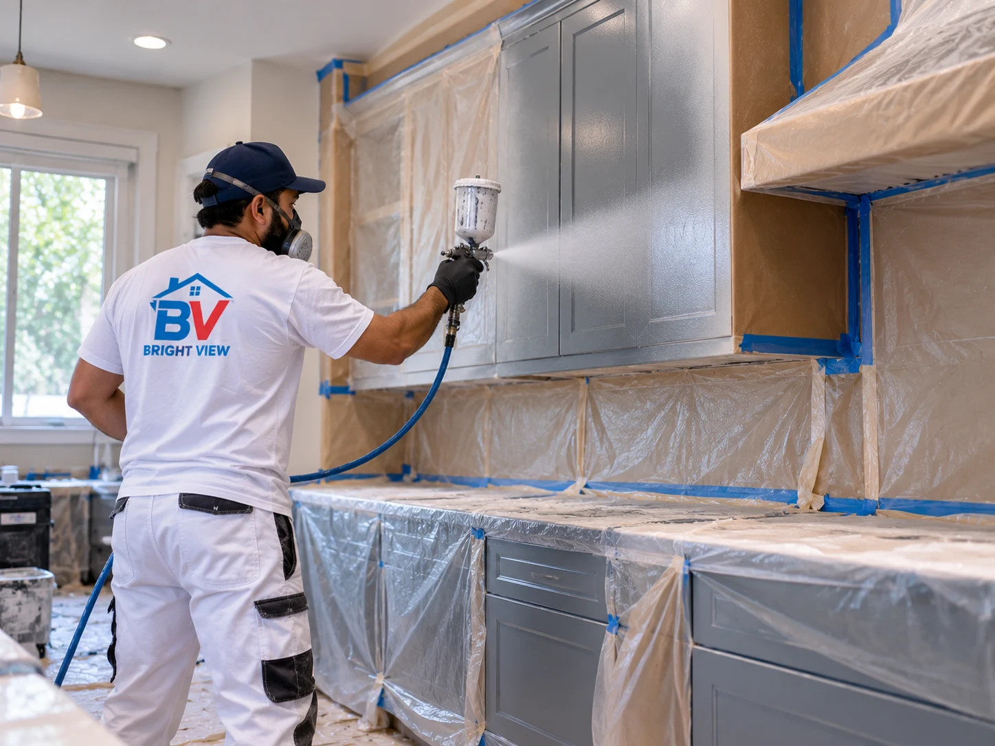 Painter spray painting kitchen cabinets for a smooth finish