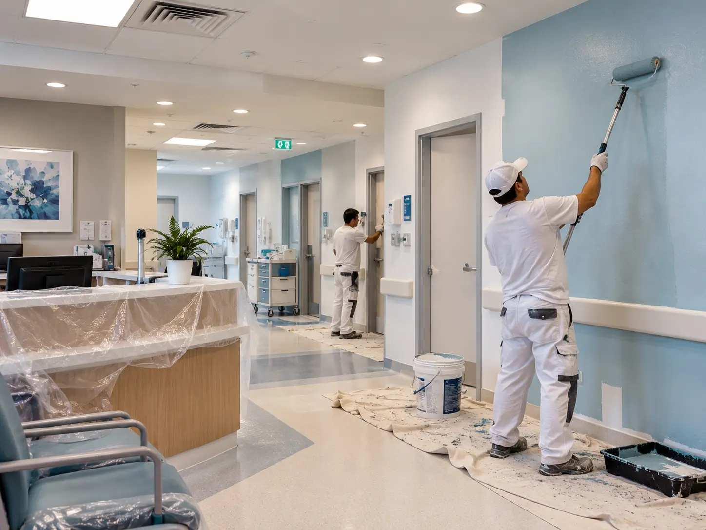 Painters applying low-odour paint inside a medical centre