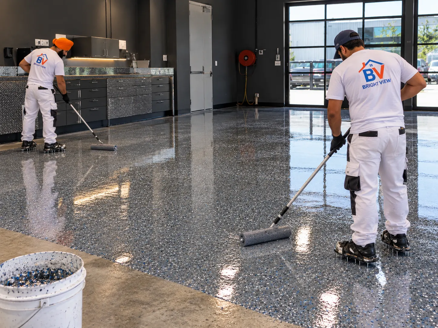 Workers applying decorative metallic epoxy flooring