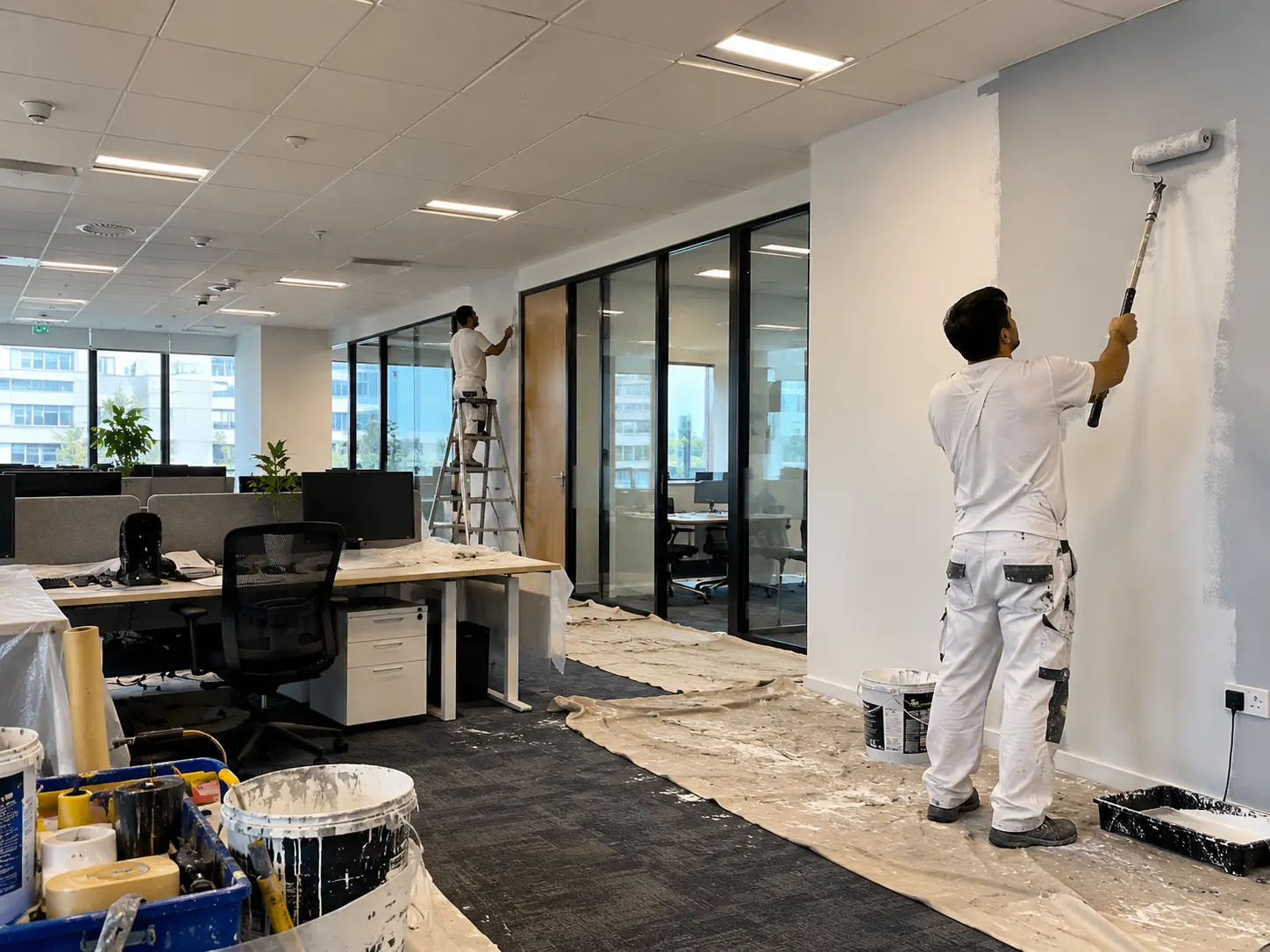 painters applying fresh paint during an office fit-out
