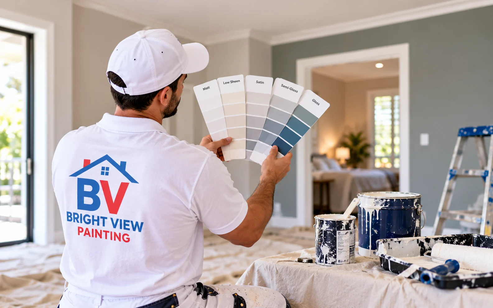 Painter comparing interior paint sheen samples with a homeowner
