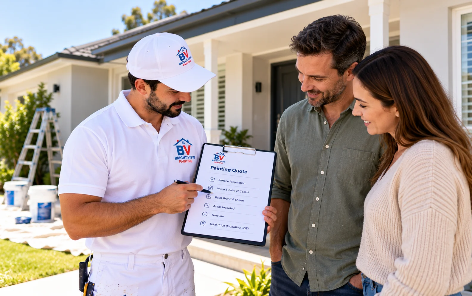 Bright View Painting contractor discussing a written painting quote with homeowners