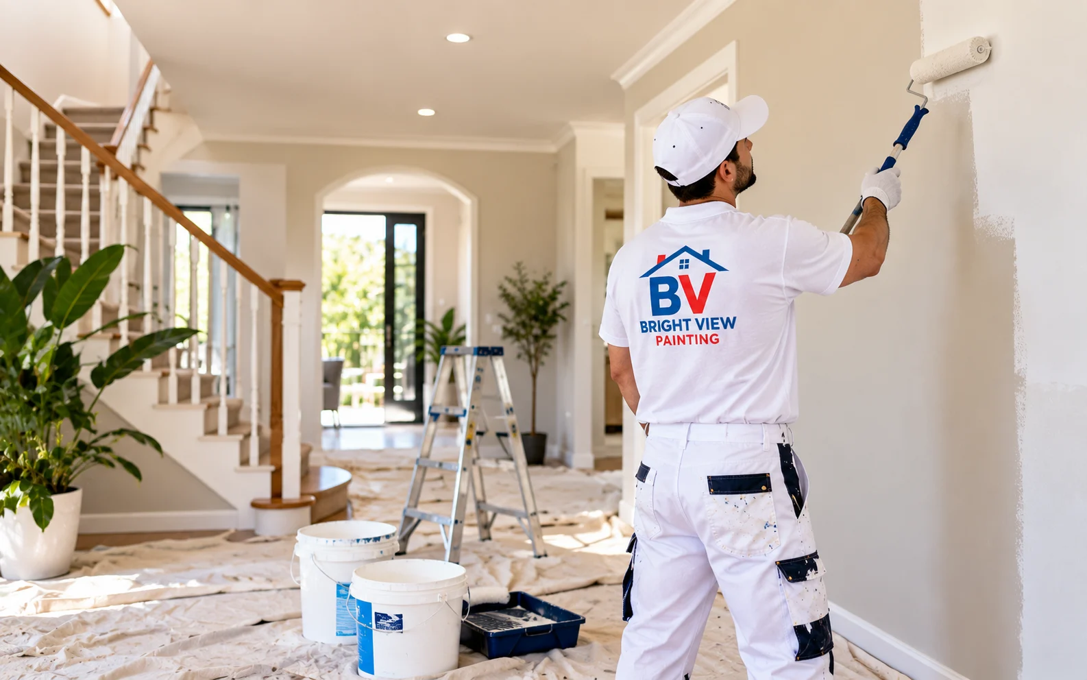 Professional painter applying fresh paint to an interior wall