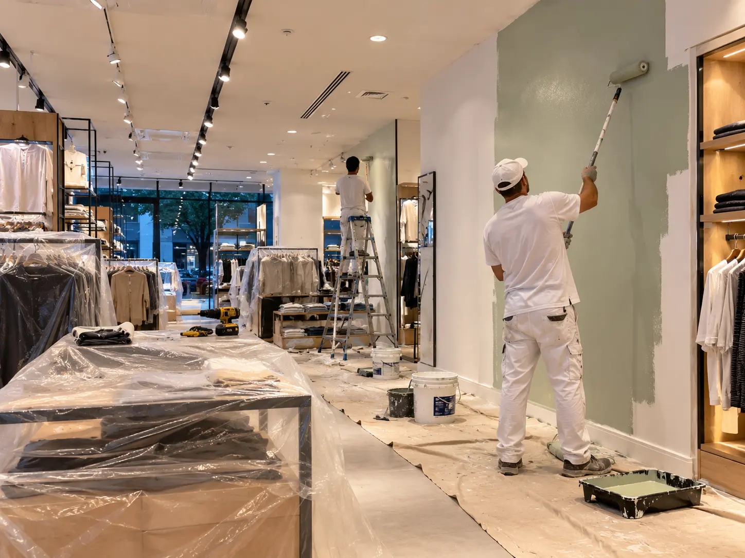 Painters repainting walls inside a retail store