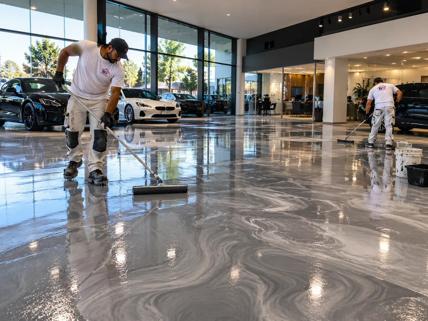 Professional applying metallic epoxy flooring in a vehicle showroom