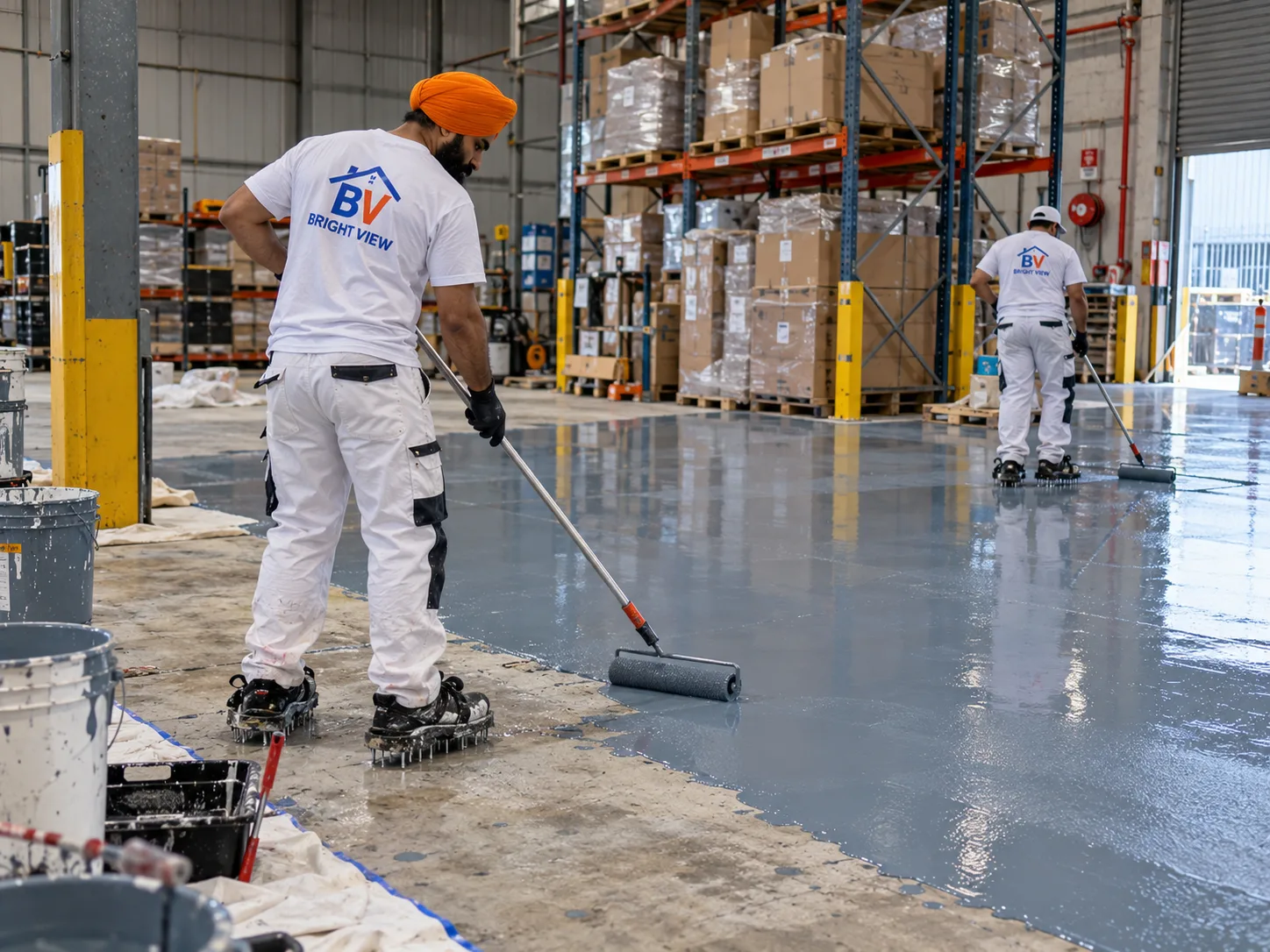 Workers applying epoxy coating to a warehouse floor