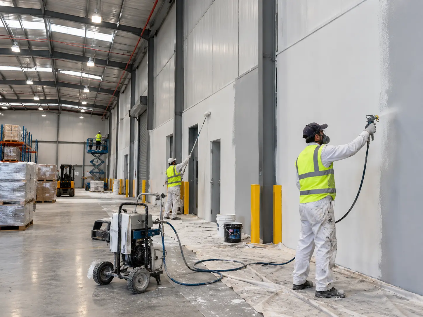 Painters spraying fresh paint on warehouse interior walls