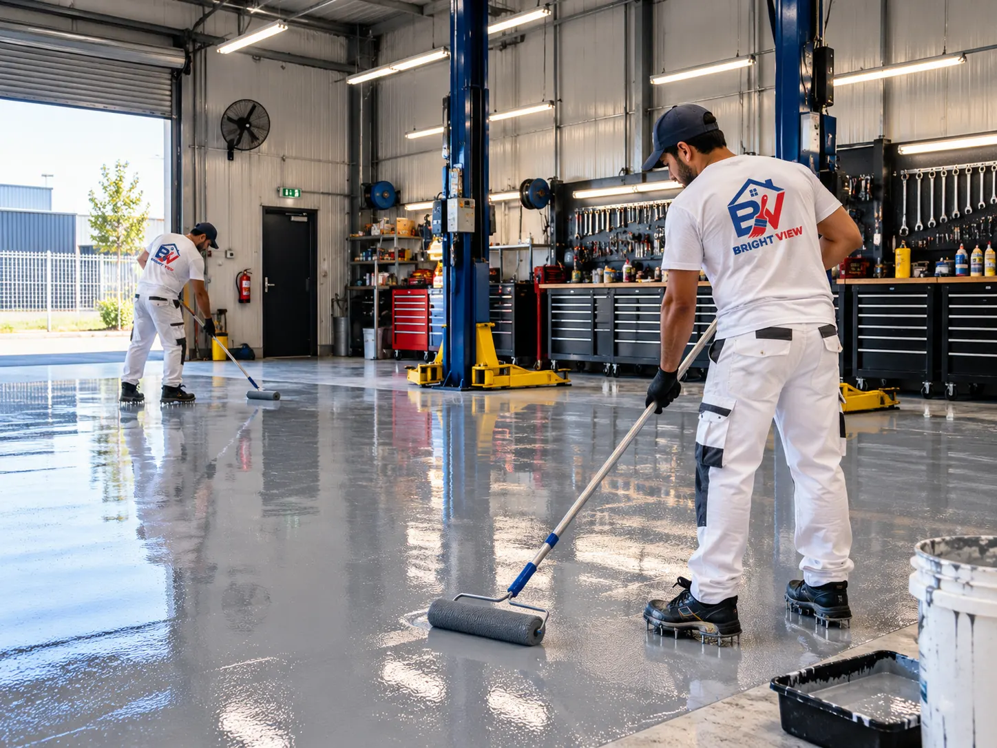 Worker applying epoxy floor coating in a professional workshop