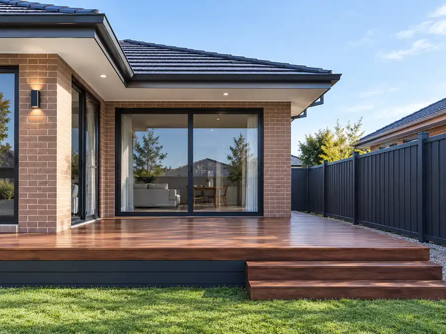 Deck and fence finished with a weatherproof protective coating