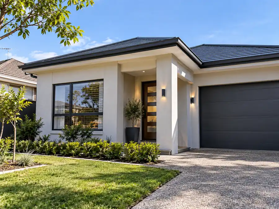Rendered home exterior painted with UV-resistant coating system